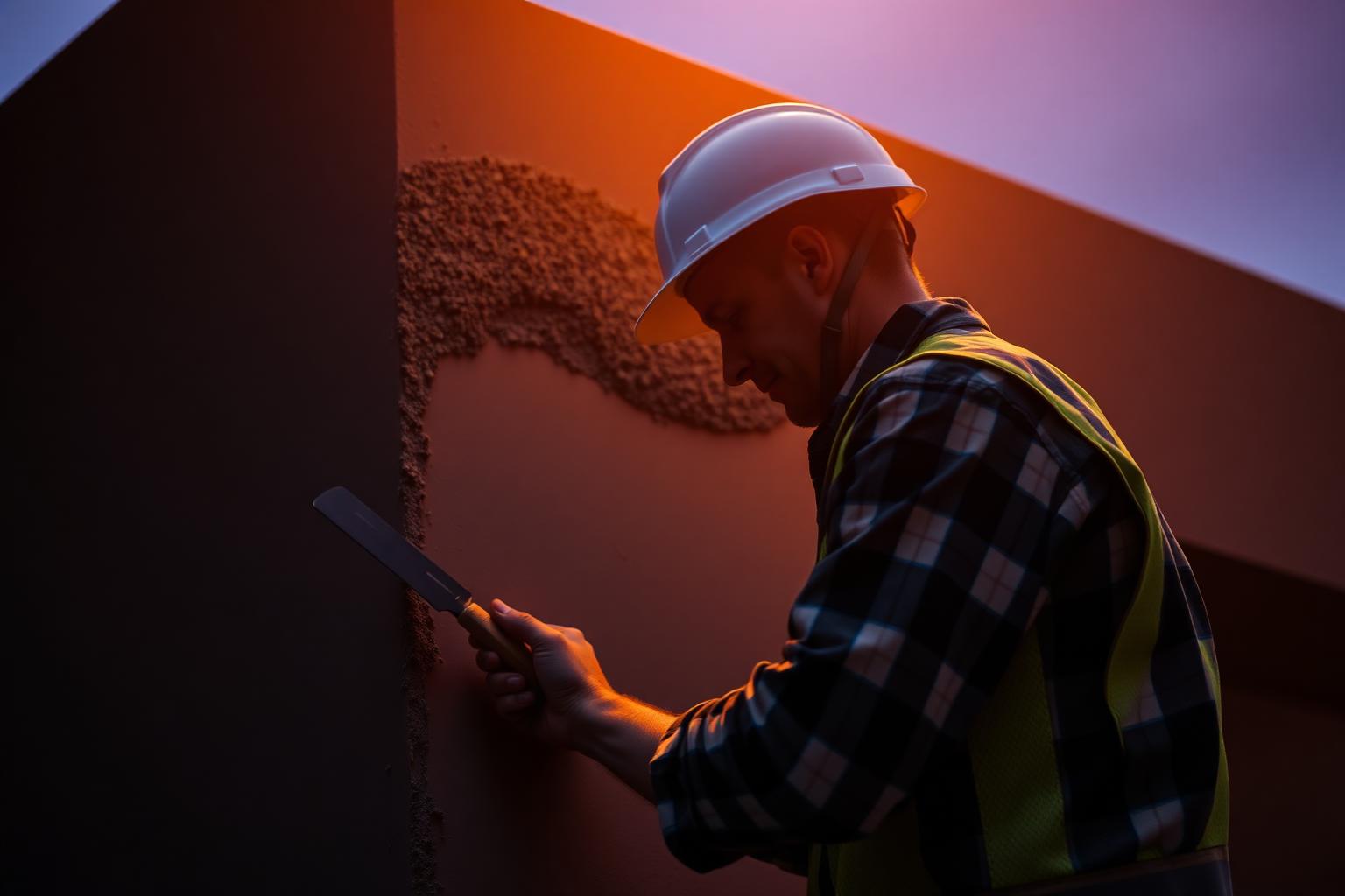 Construction worker applying stucco