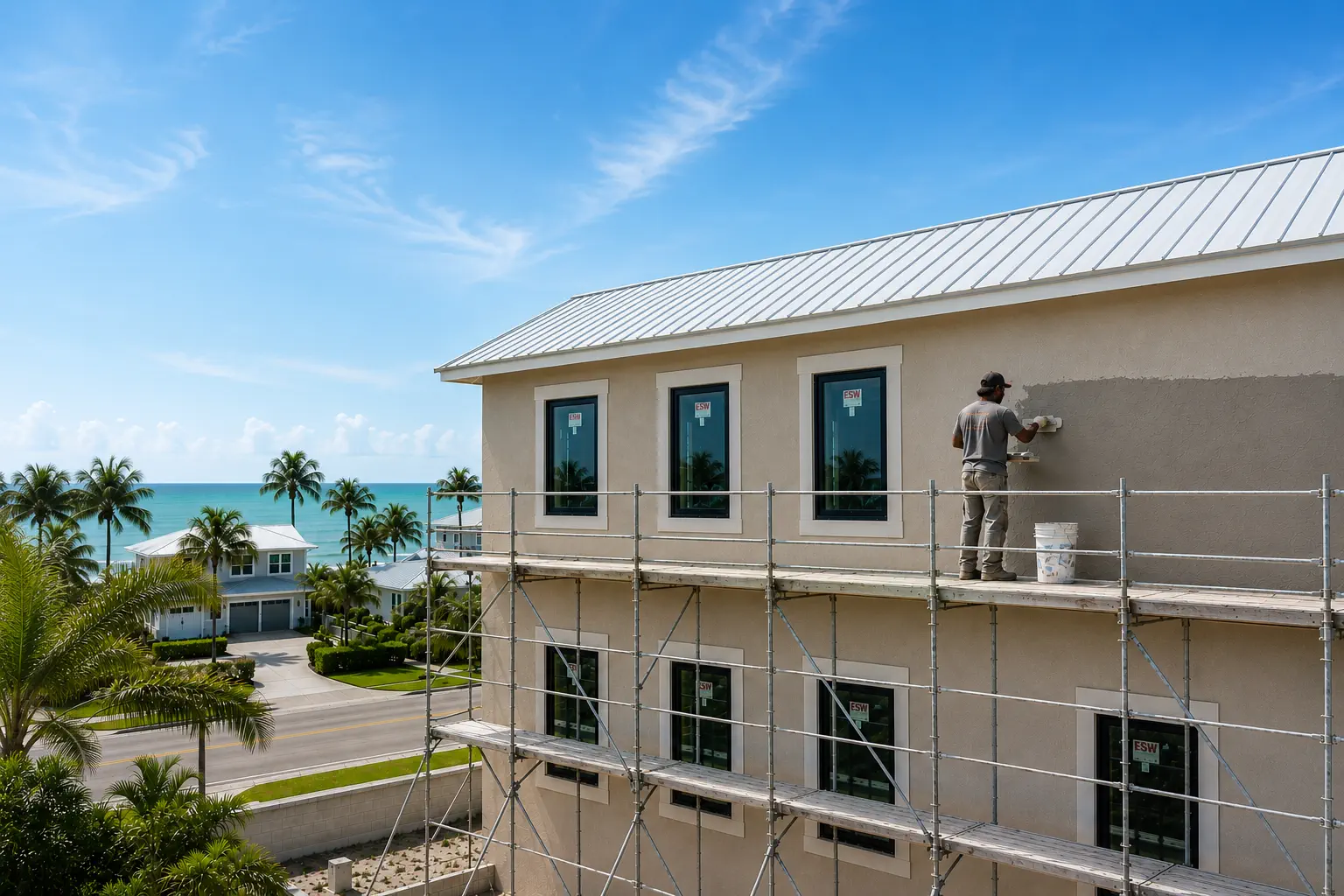 Stucco mason on scaffolding troweling stucco onto a new coastal Florida home overlooking the Gulf