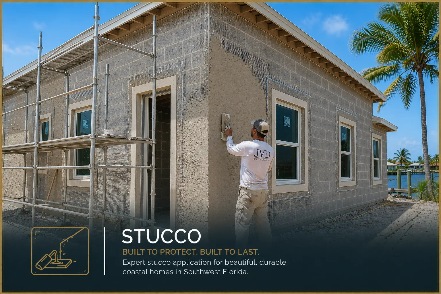 Stucco installation — JVD Construction crew applying stucco to the exterior of a new coastal Florida home